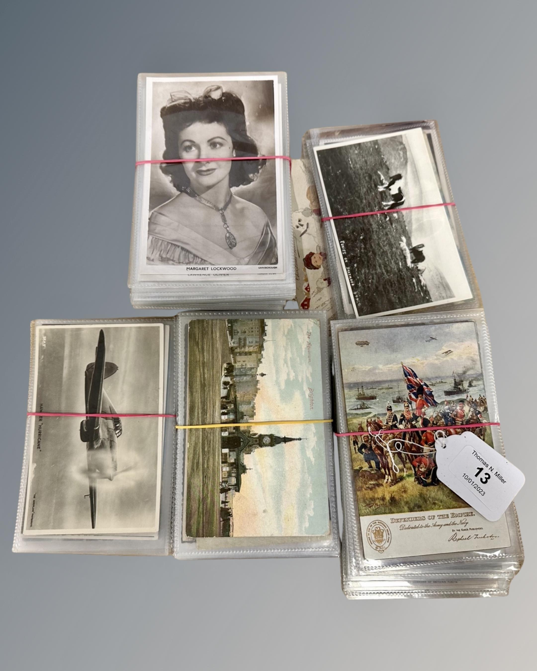 A collection of approximately 194 postcards including cinema stars, military, geographical,