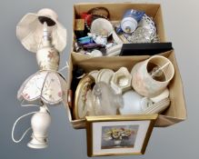 Two boxes containing Harvest oven and tableware, table lamps, Denby teapot etc.