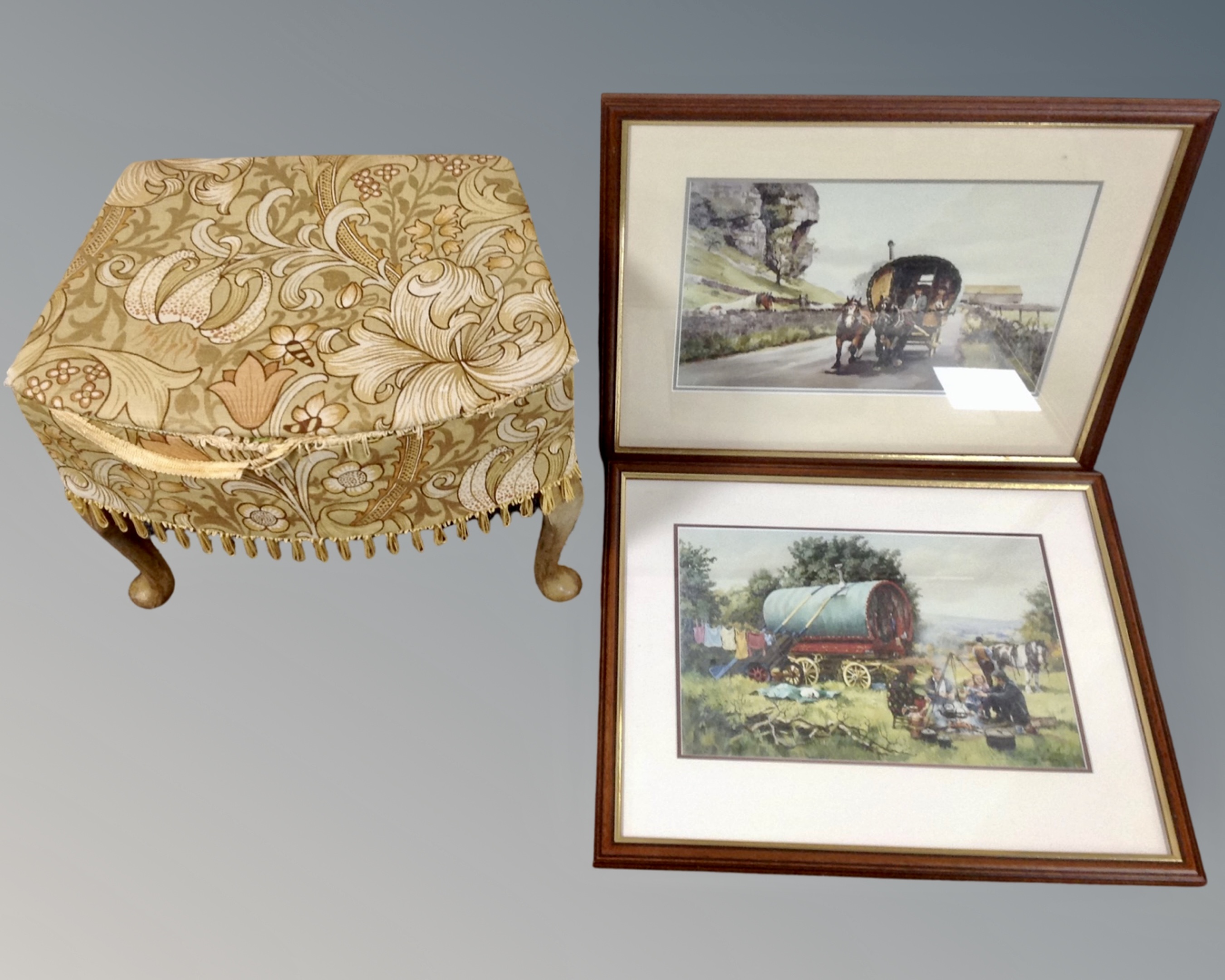 A mid-20th century sewing box/stool together with two further framed prints after Diana Rosemary