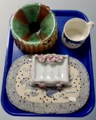 A tray containing a 19th century blue and white meat drainer, a Yardley soap dish,