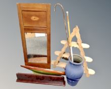 An antique inlaid mahogany framed mirror together with a stick pot containing walking stick and