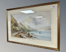 Freda Pearson : An Arched Bridge by a Lake with Fishing Boats Beyond, watercolour, signed,