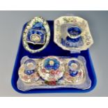 A tray containing eight pieces of Maling including four piece Rosine trinket set,