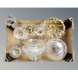 A box of decorative brass three way light fitting with glass drops,