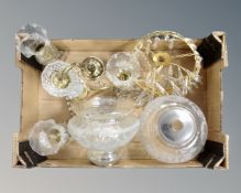A box of decorative brass three way light fitting with glass drops,