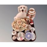 A tray of assorted ceramics, antique Staffordshire dog, Italian china flower encrusted bowl,