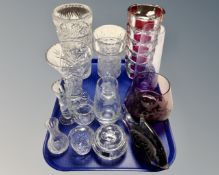 A tray of 20th century glassware including fish ornament, Stuart Crystal lidded bowl, vases,