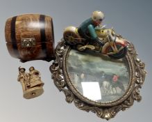 A tray containing gilt metal framed print, oak barrel sugar pot,