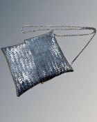 A Sterling silver flat weave lady's evening bag on chain, 18cm by 14cm.