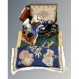 A box containing tapestry footstool, vintage Gucci style purse, silks, leather handbag etc.