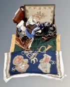 A box containing tapestry footstool, vintage Gucci style purse, silks, leather handbag etc.