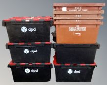 Five plastic storage crates with lids,