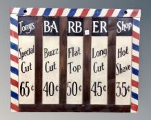 A hand painted wooden sign for 'Tony's Barber Shop' (width 104cm)