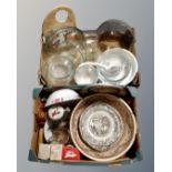 Two boxes containing Pyrex kitchen wares, Victorian pottery wash bowl, various ceramics etc.
