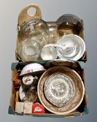 Two boxes containing Pyrex kitchen wares, Victorian pottery wash bowl, various ceramics etc.