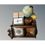 A box of globe on stand, Remy Martin barrel games compendium, Sharp hifi, CD's,
