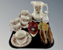 A tray containing a pair of Wade china Viking longboat dishes, Maling lustre jug,
