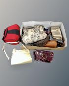 A box of assorted handbags and vanity cases