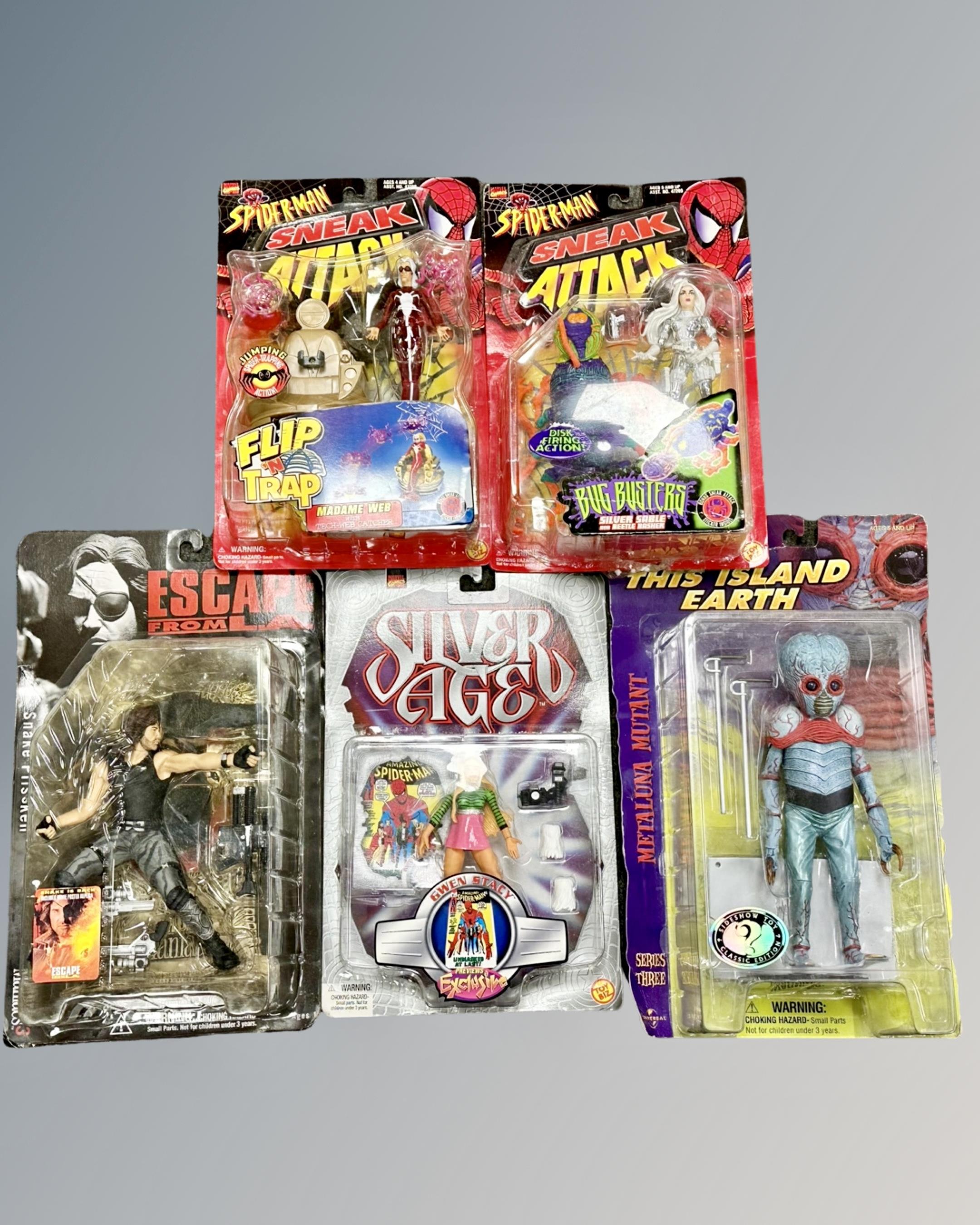 Five vintage boxed action figures and models including Toy-Biz Sneak Attack Madame Web,