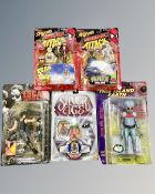 Five vintage boxed action figures and models including Toy-Biz Sneak Attack Madame Web,