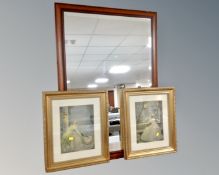 A contemporary bevelled mirror together with a pair of gilt framed prints.