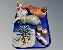 A tray of assorted ceramics, Staffordshire style dog, Continental salt and pepper pot on stand,