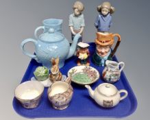 A tray containing Maling lustre china, two Nao figures of children, Wade teapot and jug etc.