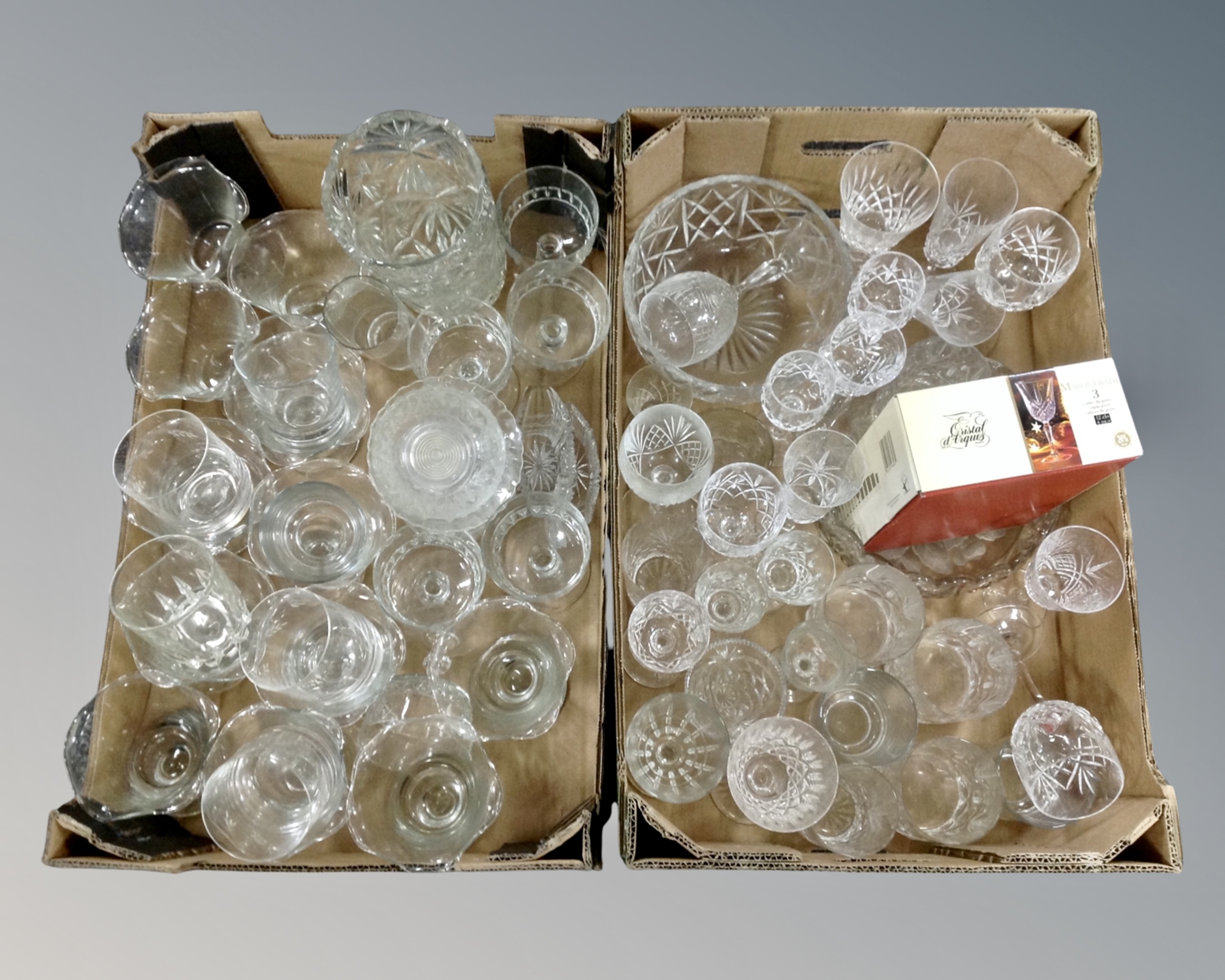 Two boxes of assorted glass ware to include boxed French crystal sherry glasses,