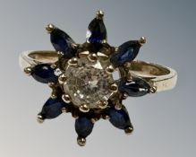A 9ct yellow gold sapphire and moissanite cluster ring, size N, 2.