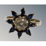 A 9ct yellow gold sapphire and moissanite cluster ring, size N, 2.