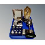 A tray of plated trophies, lidded pot, tankard, napkin rings,
