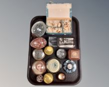 A tray containing various paperweights, a crackle glass hanging ornament, boxed set of c.