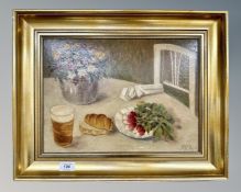 Continental school : Still life with flowers and food, overpainted print, in gilt frame,