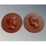 Two French Bois Durci circular portrait plaques depicting Napoleon I and Prince Napoleon (diameter