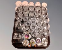 A tray of assorted glassware including a pair of Waterford crystal dwarf candlesticks,