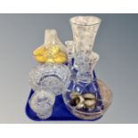 A tray of assorted cut glass and lead crystal glass ware to include basket, bowls, candlestick,
