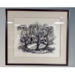 K. Rielley : Abstract study of trees, charcoal drawing, in frame and mount, 47cm by 39cm.