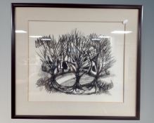 K. Rielley : Abstract study of trees, charcoal drawing, in frame and mount, 47cm by 39cm.