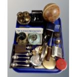 A tray containing a boxed set of teaspoons, hip flask, turned wooden bowl on stand etc.