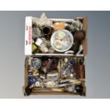 Two boxes containing stainless steel cutlery, crystal cruet set, vases, ornaments etc.