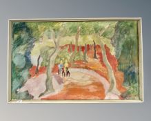 Errigo Henningsen : Figures on a pathway, oil on canvas, 105cm by 64cm.