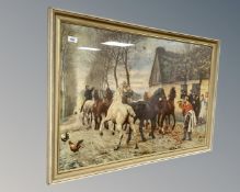 A colour print after Otto Vachs : Horses on a country road, 89cm by 59cm.