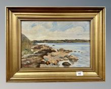 Continental school : Low tide on the shore, oil on board, indistinctly signed, 40cm by 27cm.