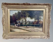 20th century school : Cattle on a track, oil on canvas, in ornate gilt frame, 45cm by 30cm.