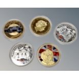 Five silver/gold plated commemorative coins