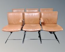 A set of six 20th century brown leather upholstered dining chairs on chrome legs,
