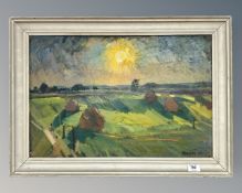 Continental school : Sunrise over farmland, oil on board, 57cm by 38cm.