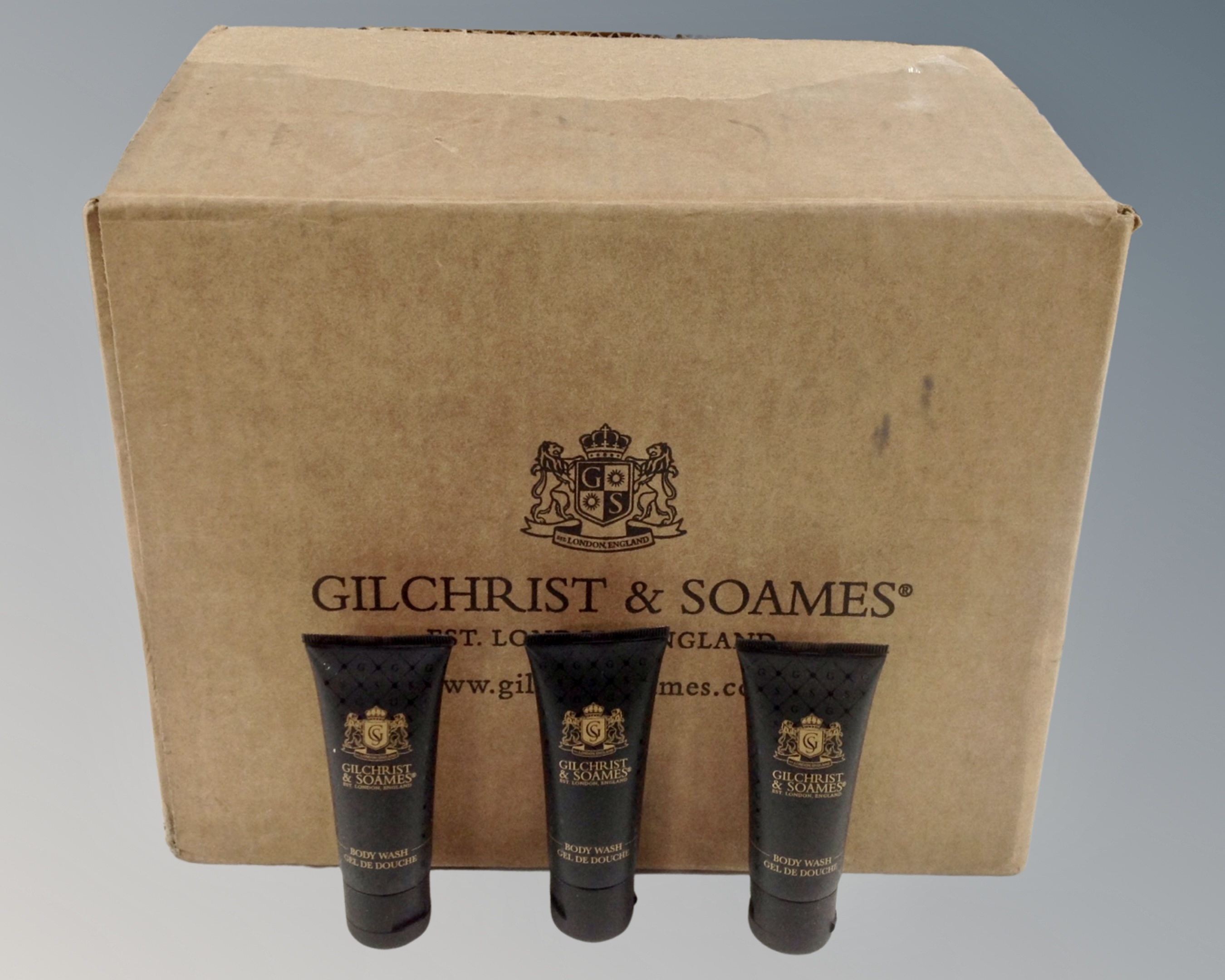 A box containing Gilchrist and Soames bodywash.