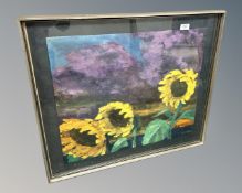 A continental colour print depicting sunflowers, 72cm by 62cm.