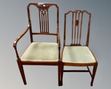 A 19th century mahogany and satinwood open armchair together with a similar occasional chair.